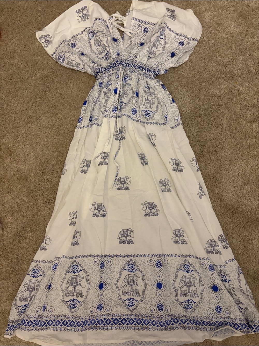 White & Blue Elephant Print Maxi Dress / beach coverup from Thailand